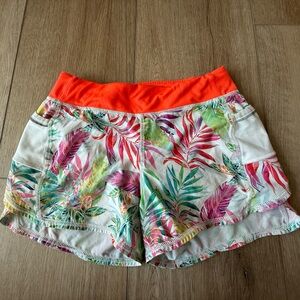 Athleta Tropical Print Shorts with Orange Waistband